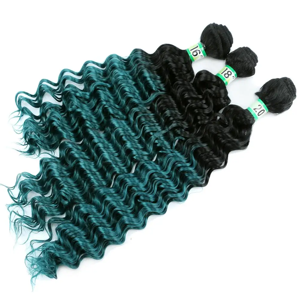 

2 pieces/lot Deep curly Synthetic Hair extension ombre color weave black to green high temperature fiber hair