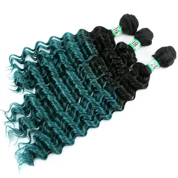 

2 pieces/lot Deep curly Synthetic Hair extension ombre color weave black to green high temperature fiber hair