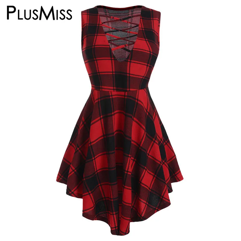 

PlusMiss Plus Size XXXXL Red Plaid Vintage Tunic Red Tank Tops Summer Big Size Women Clothes Checked Lace Up Sexy Vest XXXL XXL
