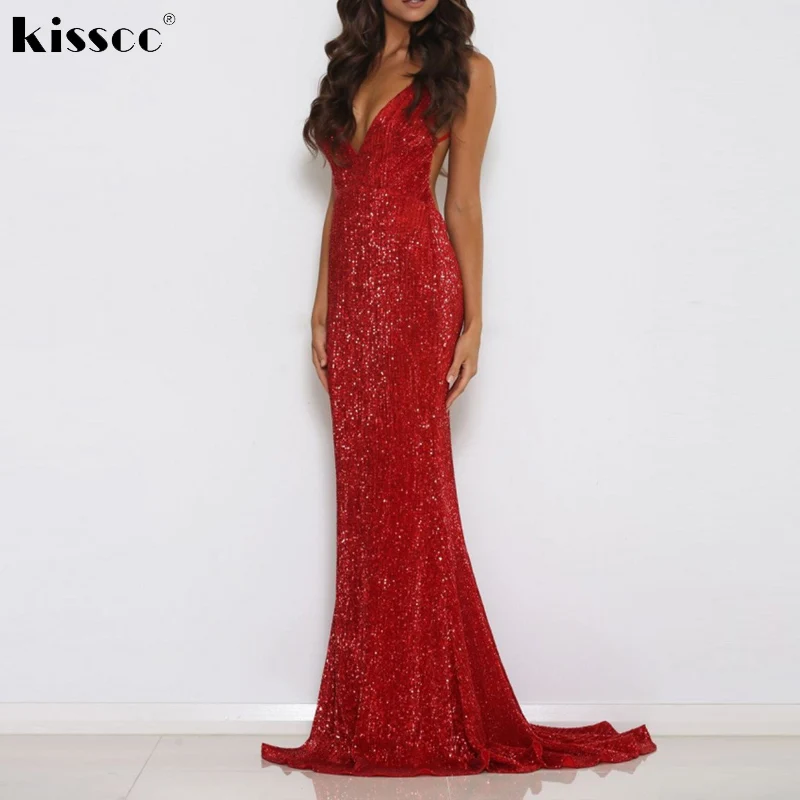 

Deep V Nec Maxi Dresses Floor Length Sequined Mermaid Party Dress Red Black Padded Backless Elegant Evening Club Dress