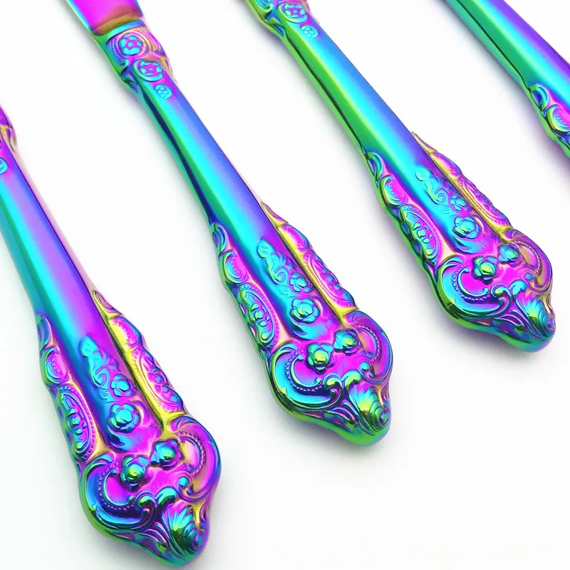 Нержавеющая сталь Ножи меч ужин измельчитель Высокое качество радужная ручка для гравировки ножи с гальваническим покрытием посуда столовые приборы 4 шт./компл
