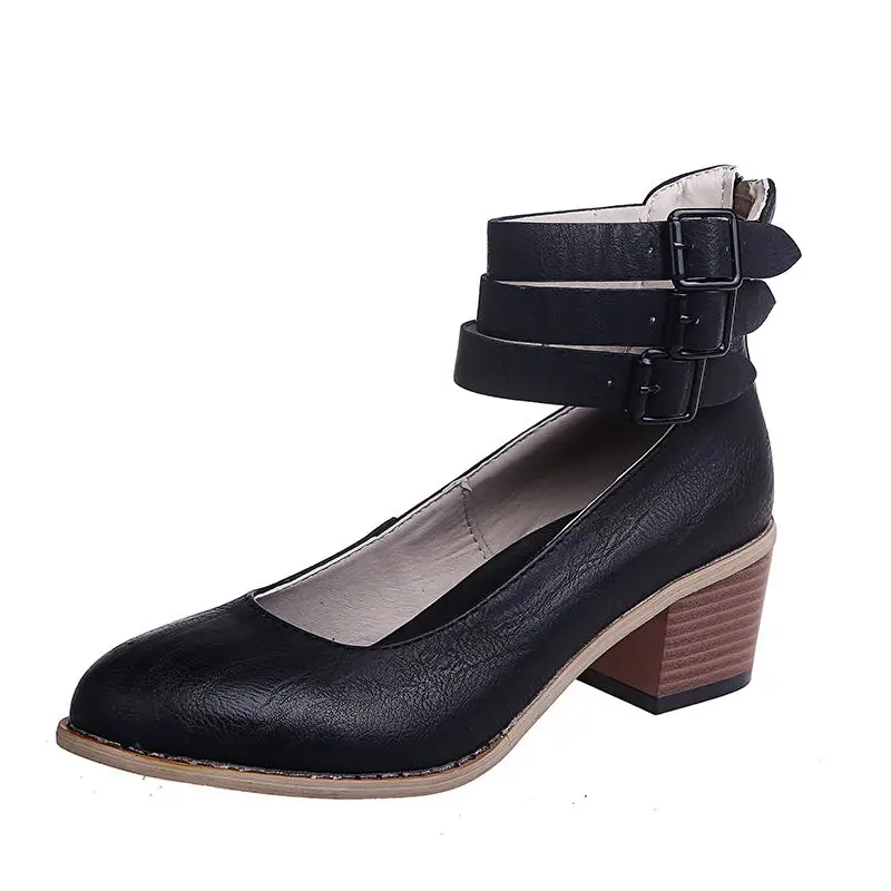 EOEODOIT/туфли-лодочки ручной работы в стиле ретро женские кожаные туфли на среднем массивном квадратном каблуке ботинки с пряжкой на лодыжке с закрытым носком размера плюс