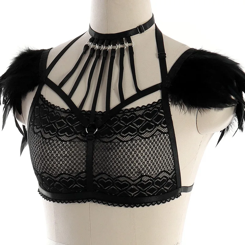 Feather Epaulette боди бюстгальтер с ремешками мягкие прозрачные кружевные топы нижнее белье сексуальный прозрачный бюстгальтер танцевальная одежда в стиле рейв для женщин