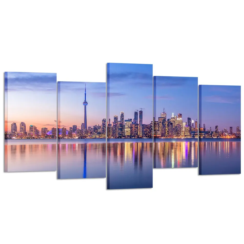 

Modular Canvas Pictures Home Decor 5 Pieces Toronto Skyline With Purple Light City At Night Painting Room Wall Art Prints Poster