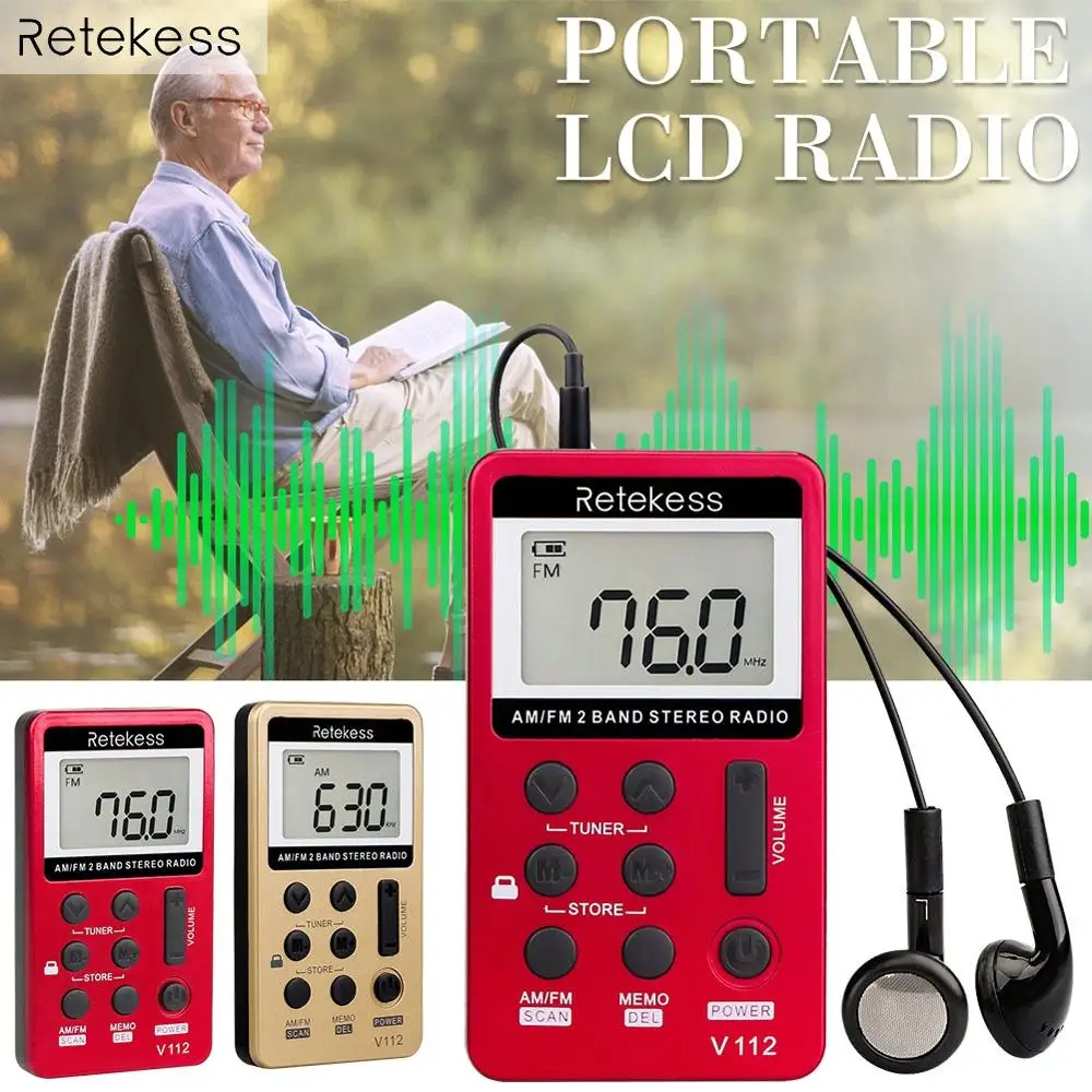 

V112 Mini Handheld Radio Portable FM AM 2 Band Digital Pocket Receiver Speaker for Walkman With Earphone