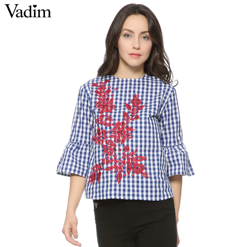 Vadim floral embroidery plaid blouse 100% cotton three