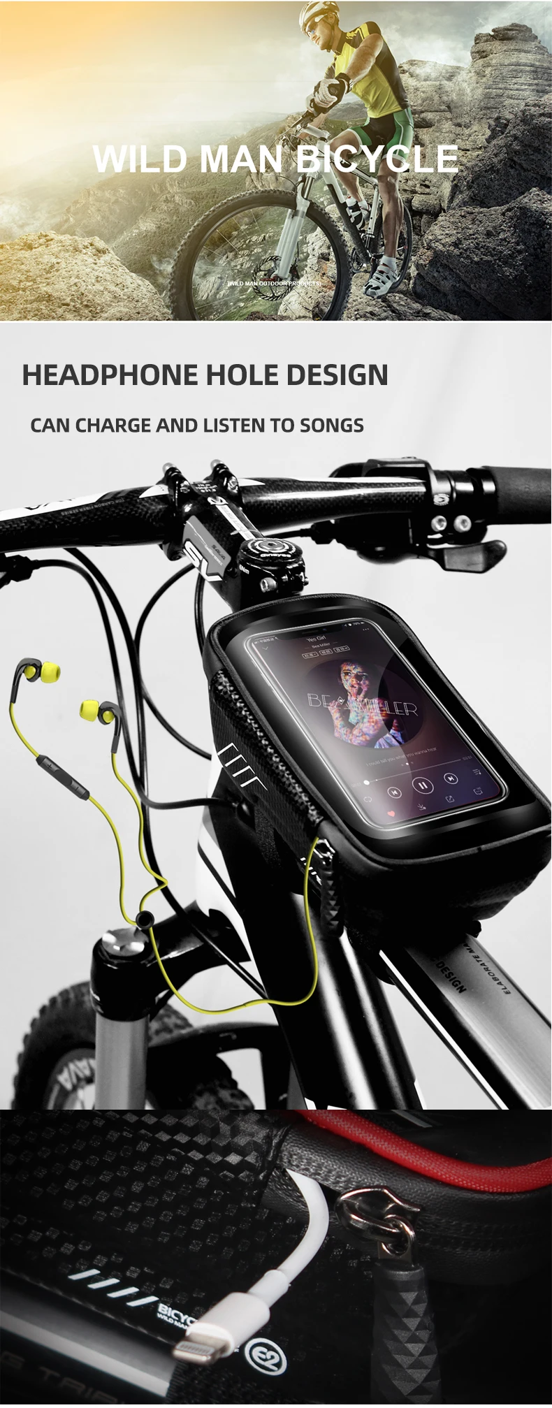 Водонепроницаемый Велосипедный Чехол WILD MAN MTB дорожный велосипед 6,2 дюймов Чехол для мобильного телефона с сенсорным экраном Топ Сумка-труба твердая оболочка велосипедные аксессуары