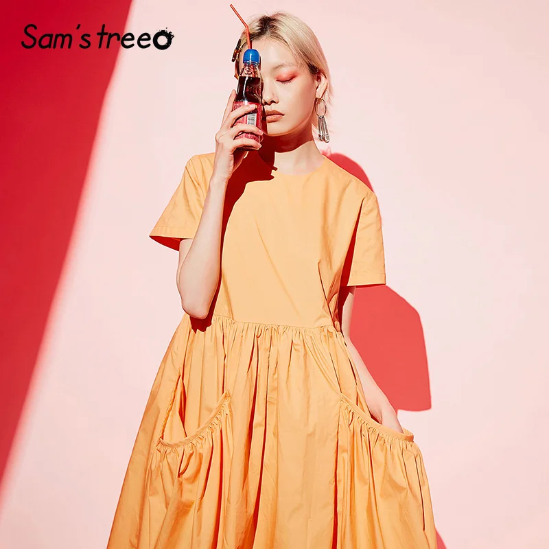 

Samstree Summer Vintage Plus Size Dresses Big Pockets 1920s O-Neck Summer A-Line Long Cotton Dress Short Sleeve Party Dress 2019