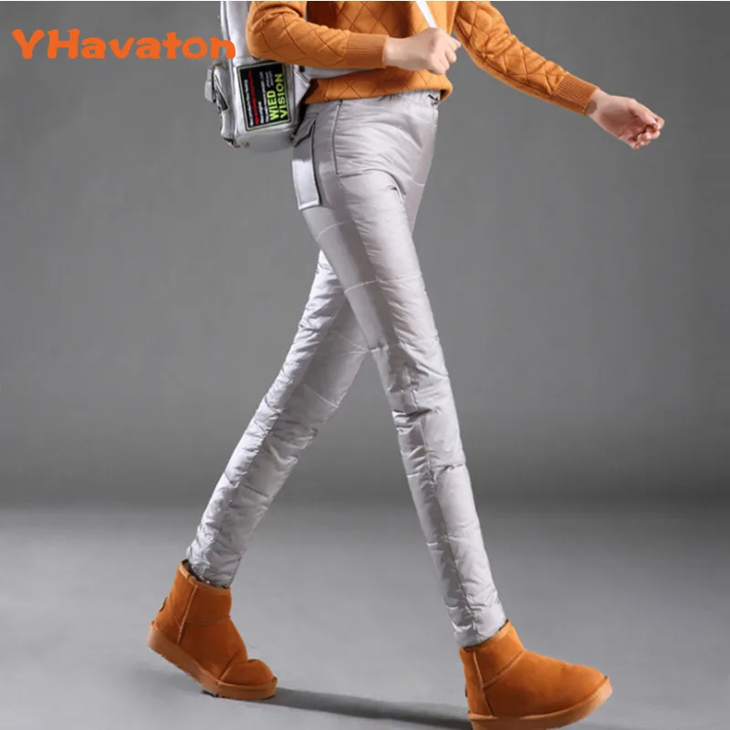 

New Winter Women Double Face Down Padded Pencil Pants Woman Slim Elastic Waist Thick Winter Pants Lady 80% Duck Down Trousers