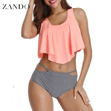 Zando купальники танкини женский полосатый из двух частей сексуальный открытая спина Холтер Цветочный Печатный купальный костюм для женщин средняя талия бихинис