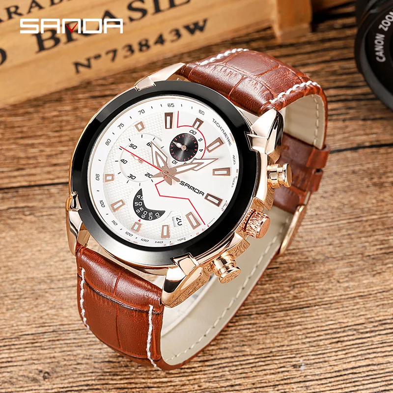 

SANDA Mens Sports Watches Chronograph Leather Strap Quartz Army Military Watches Clock Men Top Brand Luxury Relogio Masculino