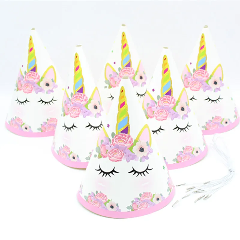 Вечерние шапки в виде единорога с изображением розового животного, украшения для дня рождения, Детская Праздничная бумажная шляпа, детский душ