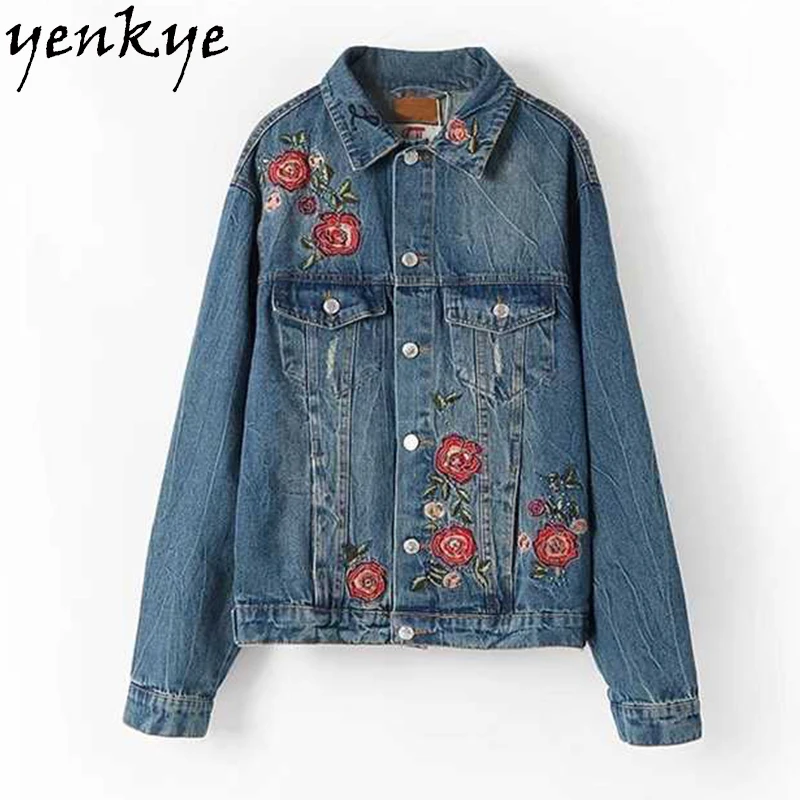 2017 Beading Rose Embroidery Denim Jacket Women Lapel Single breasted Long Sleeve Outerwear Plus
