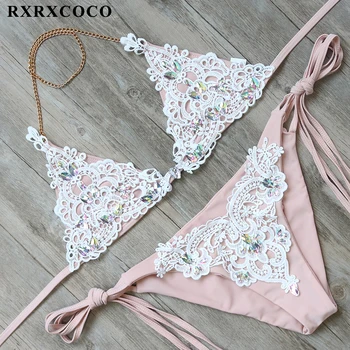 

RXRXCOCO New Sexy Lace Bikini Set Diamond Swimsuit Crystal Swimwear Women Bikinis Brazilian Biquinis Bandage Beachwear 2018
