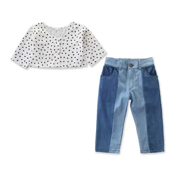 

Free Shipping Toddler Kids Baby Girl Polka Dot Crop Top T-Shirt+Denim Pants Jeans Outfits Clothes 2PCS Summer 3-7years old