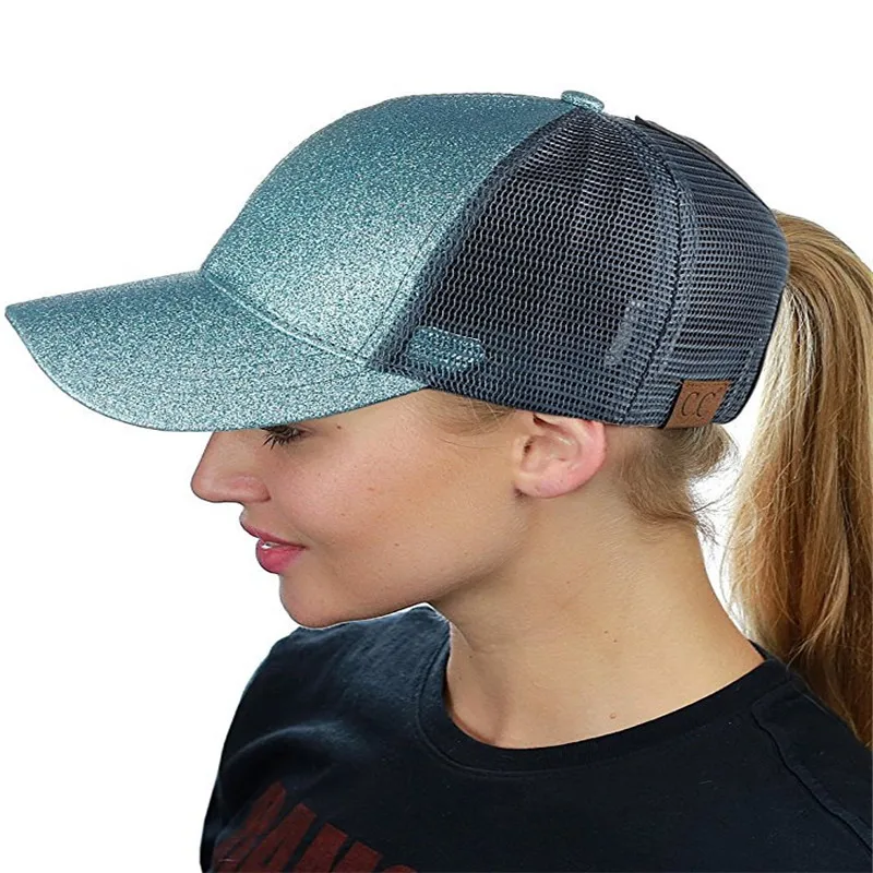 Nuevo niñas Ponytail gorras de béisbol mujeres verano malla transpirable sombrero Snapback Sunhat lentejuelas brillan sombrero gorras de beisbol