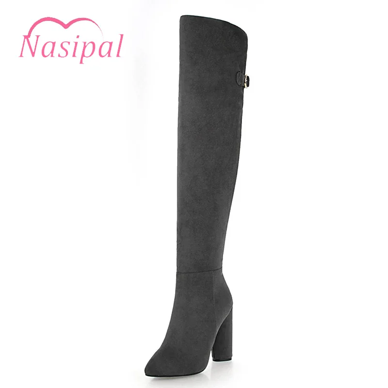 

Nasipal Fashion Autumn Winter Women Boot Ladies Casual Rhinestone Zipper Thigh High Boots Flock Thick High Heel Long Shoe M715