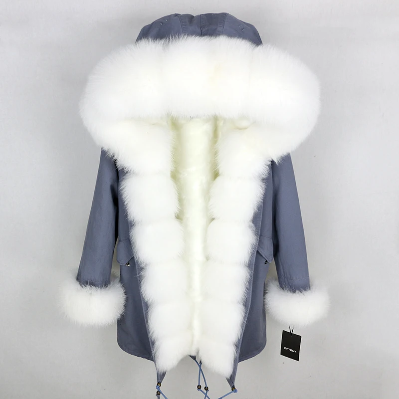 Brand Real Fur Coat Fashion Winter Jacket Women Natural Real Fox Fur Collar Loose Long Parkas Big Fur Outerwear Detachable - Цвет: grey white