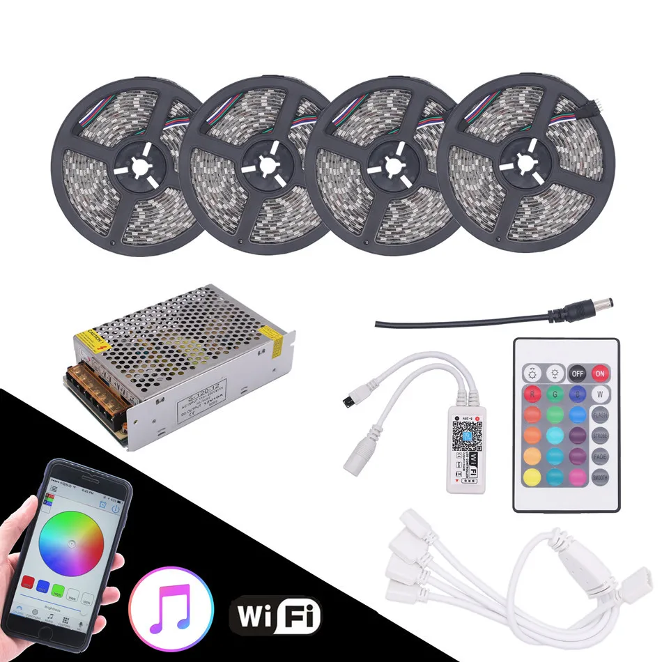 

5050 RGB LED Strip Waterproof 5M 10M 15M 20M DC 12V LED Light Strips 60led/m With 24Key Wifi Controller Support music
