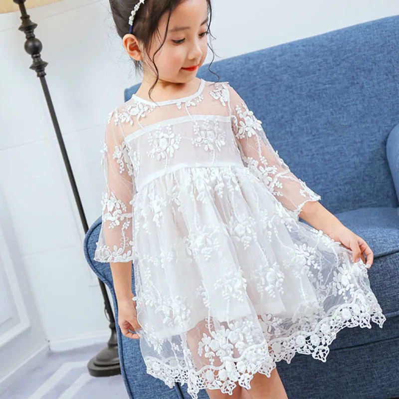 

1 Pcs Children Girl Lace Embroidery Round Collar Flare Sleeve Dress for Spring Summer @ZJF