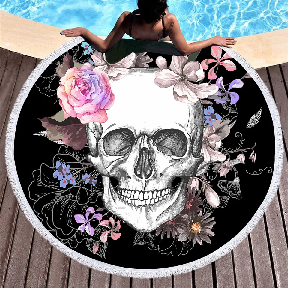 

Yoga Blanket Floral Skull 150cm Round Microfiber Bikini Cover Up Beach Tassel Towel Swiming Shawl Thick Camping Mat Wall Hanging