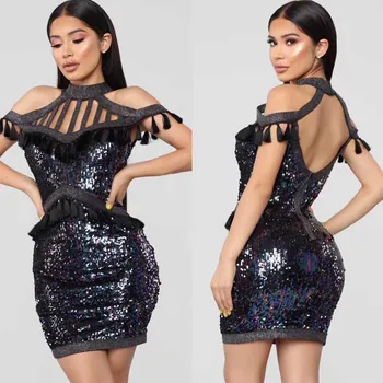 

wholesale 2020 Newest Women Black sequins Spaghetti Strap Tight Mini Celebrity Cocktail party bandage dress(L2932)