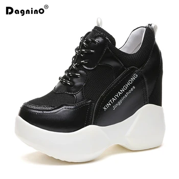 

Spring Breathable Mesh Sneakers Hidden Increasing Shoes Autumn Women Wedge Casual Shoes Lace-Up High Heels 11 Cm Platform Shoes
