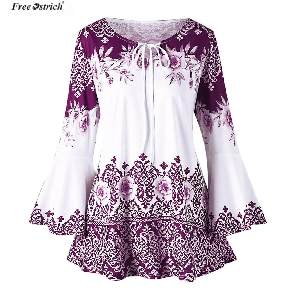 

FREE OSTRICH Plus size 5XL Women Vintage Shirt Fashion Big Size Floral Printed Flare Sleeve Tunic Tops 5XL Shirts Camisa