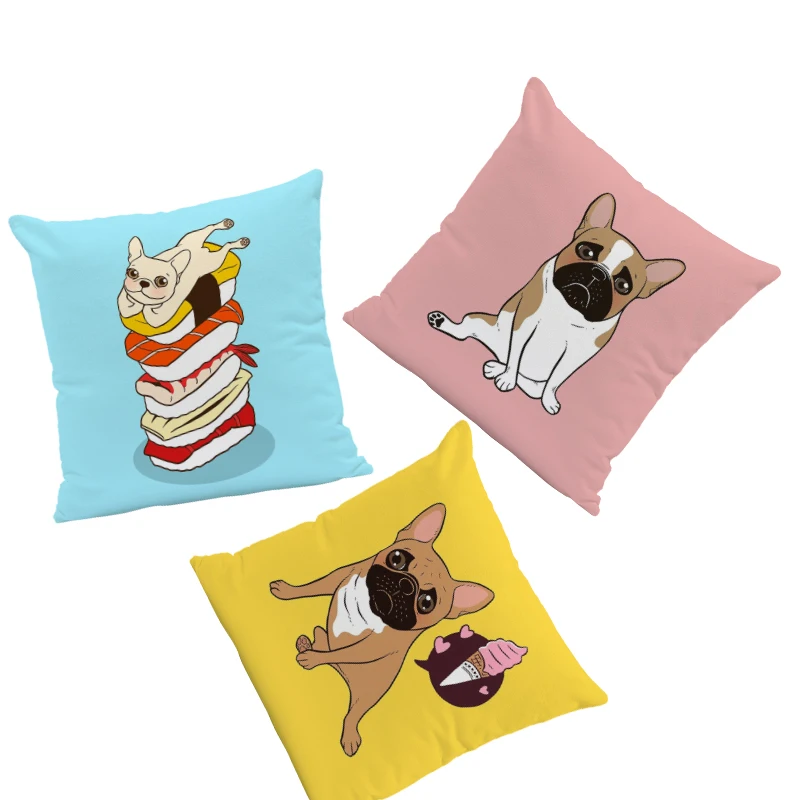 

Cartoon Cute Dog Pillowcase Sushi Pug Bull Terrier Dress Up Coffee Book Glasses Decorative Cushion Set Cake Heart Toss Pillow