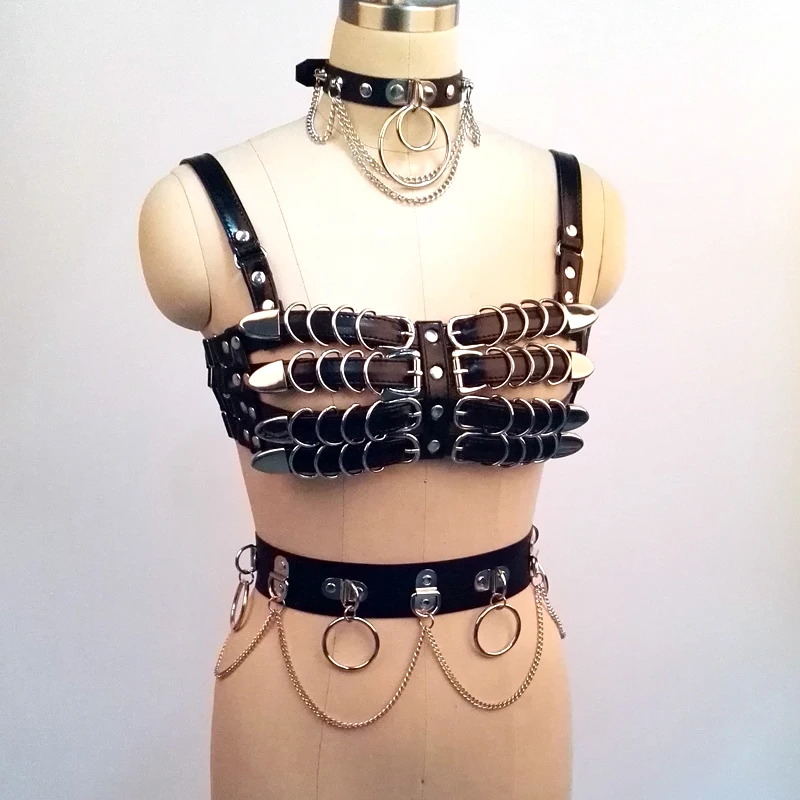 Черное бондажное кожаное колье ручной работы в вечерние ле панк 100%|harness punk|bondage