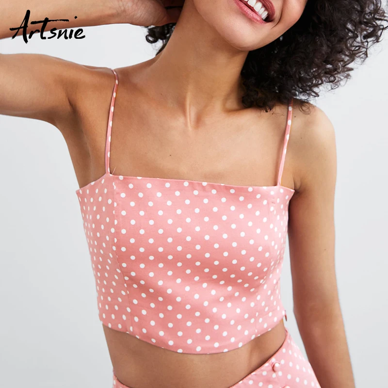 

Artsnie summer 2019 polka dot pink women camis strap backless sexy party crop tops femme cropped feminino lace up top camisole