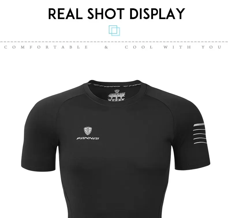 FANNAI Running Shirt Black Polyester Quick Dry Reflective Short Sleeve High Quality Top Gym Shirt Training Bodybuilding FN039