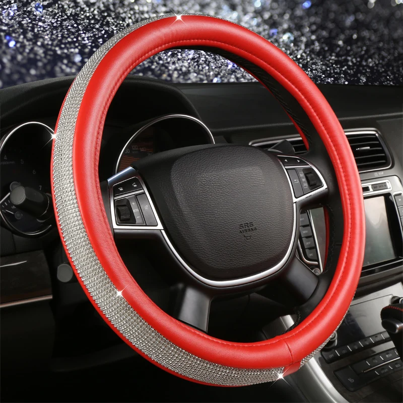 

Luxury Crystal Steering Wheel Covers Car Cover on Steering-Wheel Pink Red Beige Leather Auto Interior Accessories Rhinestone