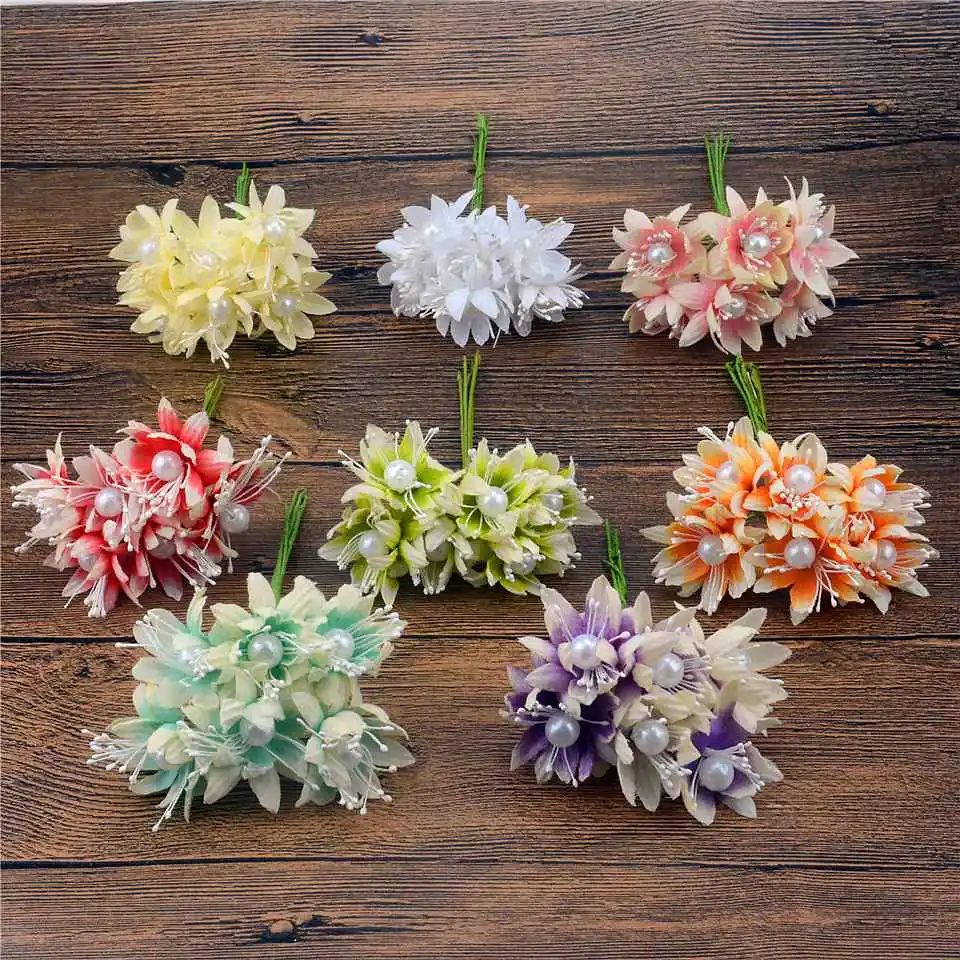 72pcs Silk Chrysanthemum Pearls Bouquet Artificial Flowers Wedding