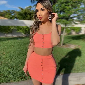 

Fashion Sexy Spaghetti Strap Vest Skirt Beach Two Piece Set Women 2019 New Solid Crop Top And Mini Skirt Suit Casual Outfits