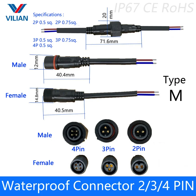 5 пар водонепроницаемый разъем ток 4A/6A 2 pin/3 pin/4 pin с проводным кабелем IP67 штекер «Мама-папа» 0,5/0,75(мм2