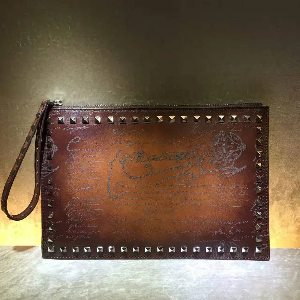

TERSE_Chinese manufacturer leather clutch bag vintage rivet envelope bag 4 colors in stock custom service wristlet bag for man