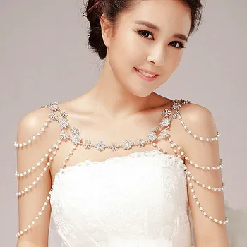 

Fashion unique pearl shoulder chain wedding bridal jewelry two ways wear necklace rhinestone crystal flower necklace women