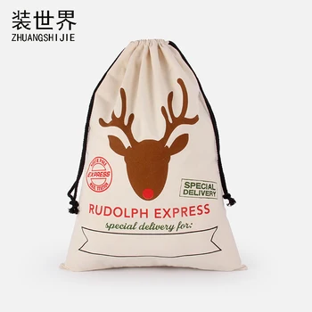 

New Year Creative Santa Claus Deer Drawstring Canvas Bag