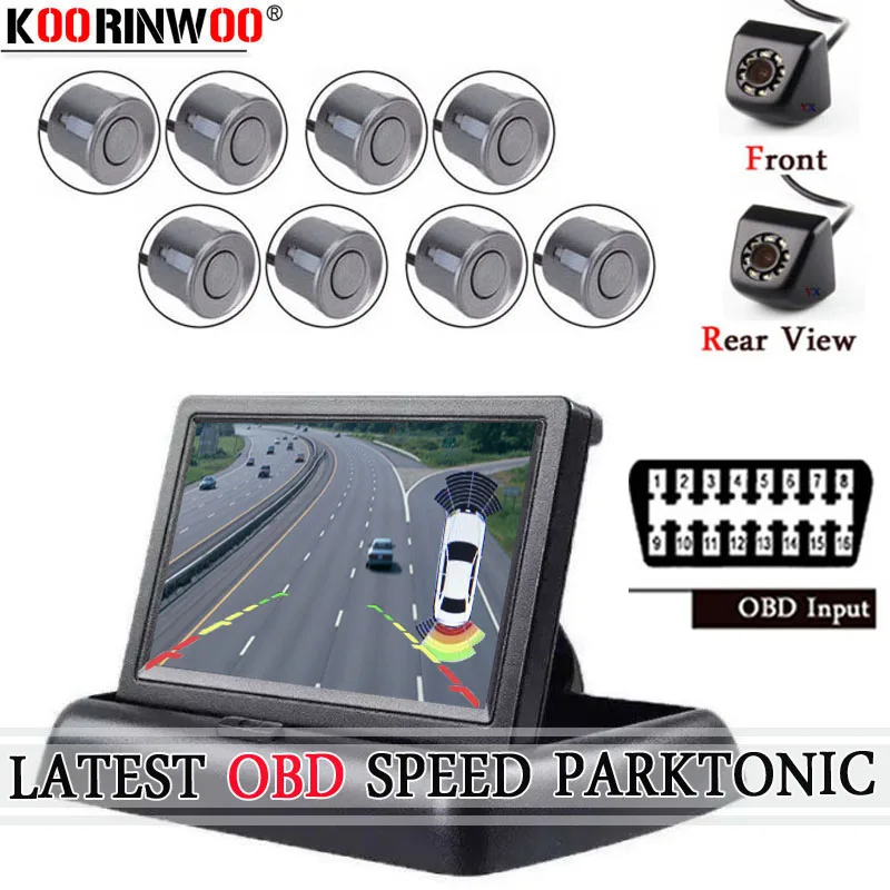 

Koorinwoo Intelligent OBD Car Parking Sensors 8 Indicator Alert Parking System Screen TFT Camera Rearview White Black Parktronic