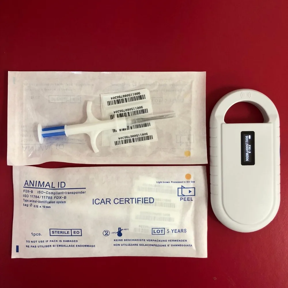 

ISO Animal Id scanner pet reader 134.2khz + 2pcs rfid chip implant syringe 2*12mm