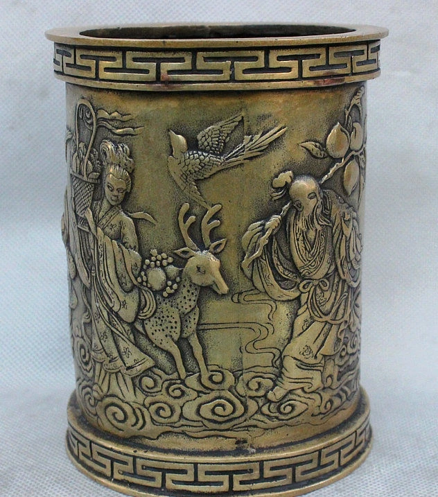 

China Bronze Copper longevity Shouxing God Kid Deer Statue Brush Pot Pencil Vase