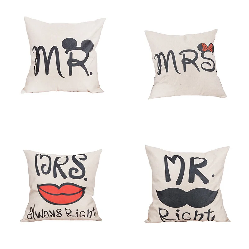 Wholesale Cheap Price Home Decorative Cotton Linen Mr Mrs Printed Cushion Cover for sofa pillows