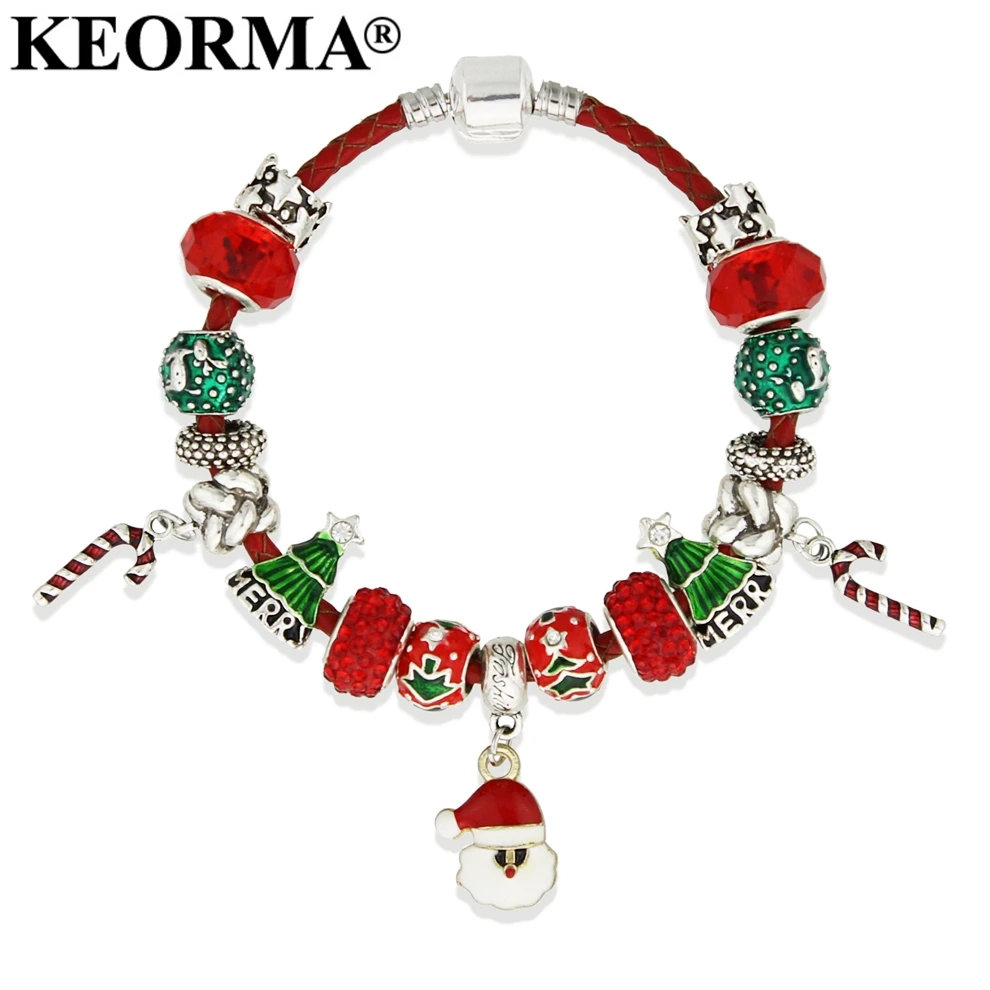 

KEORMA Christmas Leather Chain Bracelets Santa Claus Beads Charm Bracelets & Bangles For Women DIY Handmade Jewelry KM208