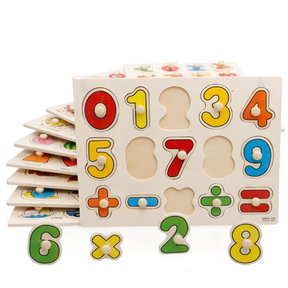 Children Montessori Educational Wooden Jigsaw Puzzle Toy Hand Grab Board Set Geometric Shape Colour Numbers Alphabet Toys | Игрушки и