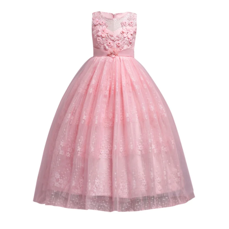

4-14T Kids Girls Wedding Lace Long Girl Dress Elegant Princess Party Pageant Formal Dress Sleeveless Teenagers Girls New