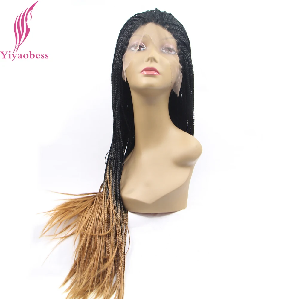 Yiyaobess черный коричневый Омбре плетение кружева спереди парик синтетические волосы афроамериканские длинные микро плетеные парики для женщин
