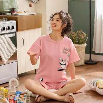 

Women's Simple Cartoon Letter Printed Knit Cotton Home Service Short-Sleeved Shorts Two-Piece Sleepwears Suit