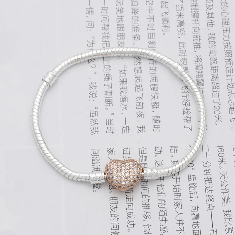 

DIY bracelet 3mm chain silver plated snake chain love buckle with AAA zircon Double color chains chain for charm beads