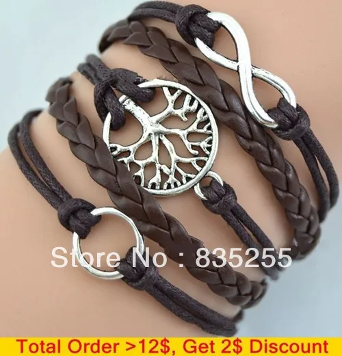 Hippie Cool Fashion Silver Tree of Life Infinity Love Circle Brown Leather Cuff Bracelet Wrap Bangle Wristbands Men Jewelry Gift | Украшения